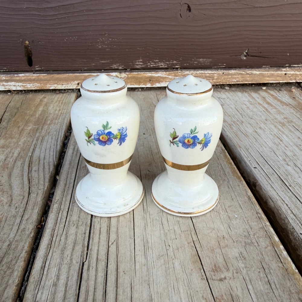 Vintage Floral Ceramic Salt and Pepper Shakers White Gold Trim 4.5 Inch